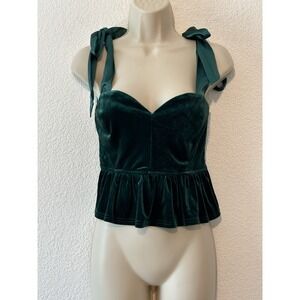 Mod Green Velvet Babydoll Top Size Medium Milkmaid Forest Fairy Glam Coquette‎
